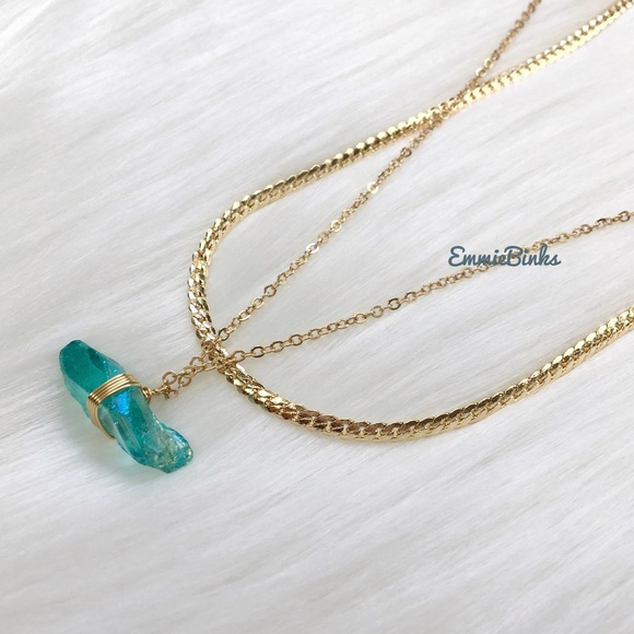 New Aqua Green Aura Quartz Crystal Dual Copper Chain Layered Necklace - Picture 6 of 16